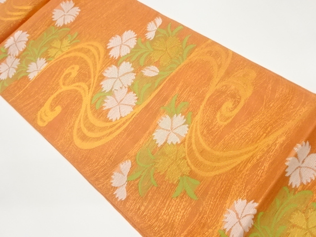  紗 草花に流水模様織出し全通袋帯